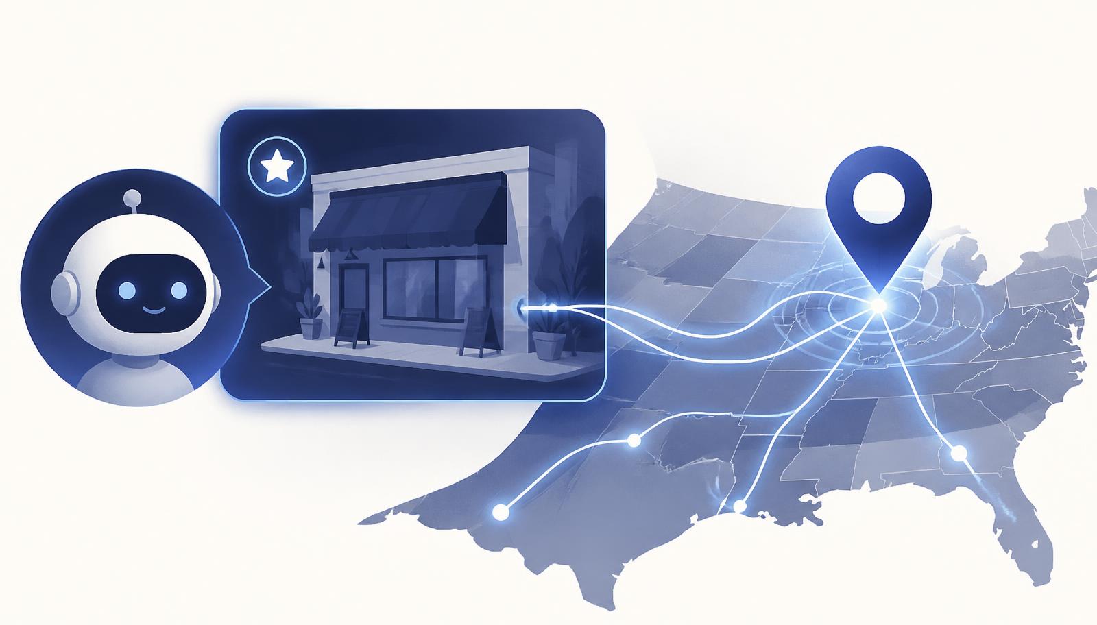 Illustration of an AI assistant recommending a local business, linked to a map pin over a United States map