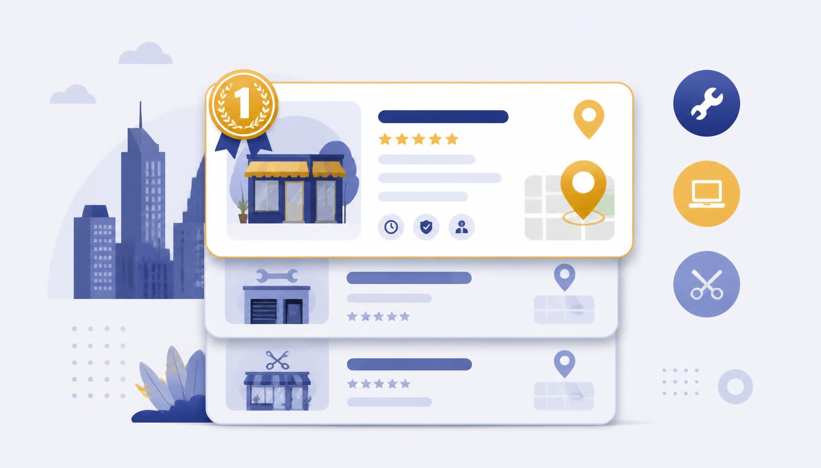 Flat vector illustration of stacked local business listing cards in a city directory with the top card marked by a gold number one badge and map pins