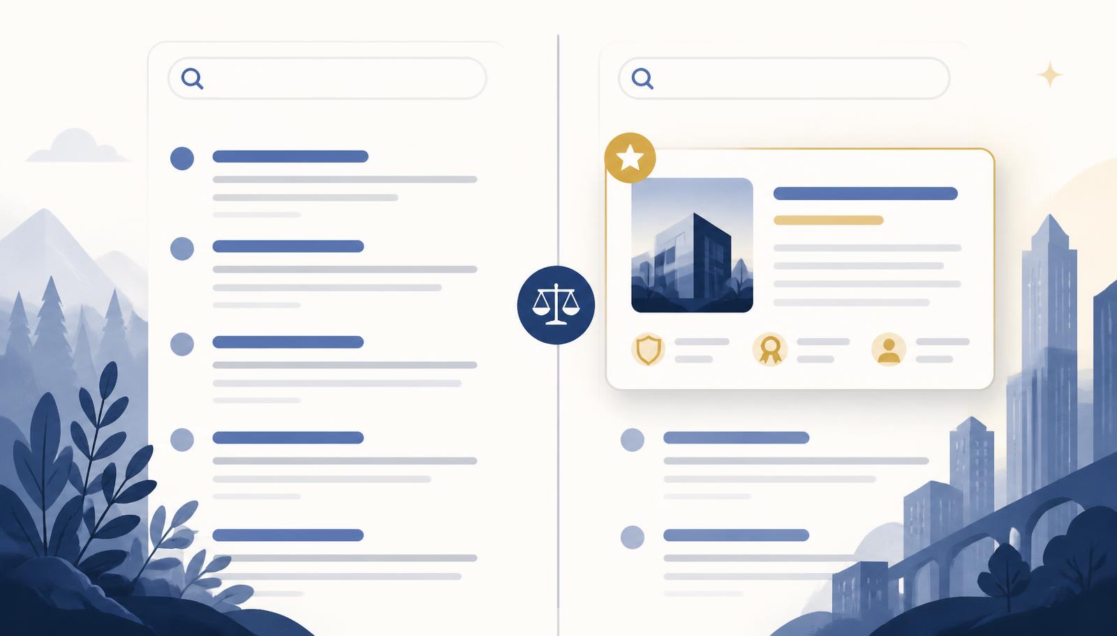 Illustration comparing a plain list of organic search results with a highlighted featured business placement card