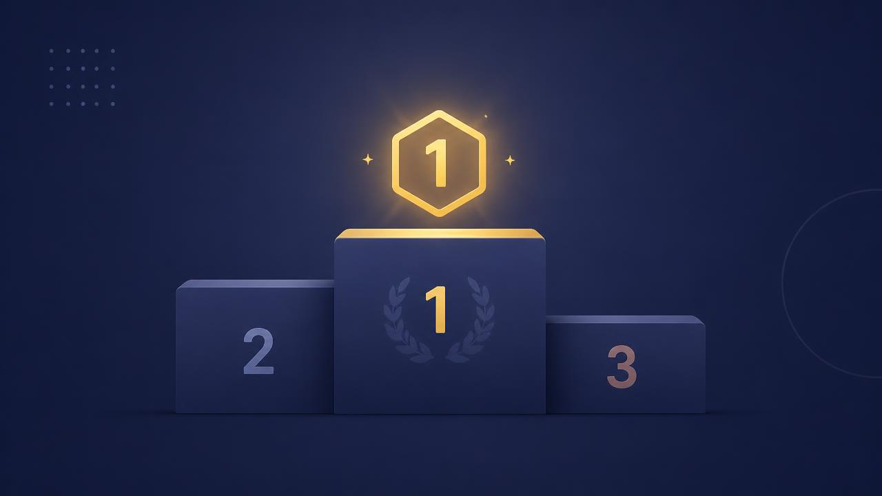 Illustration of a winners podium with a glowing gold number one badge